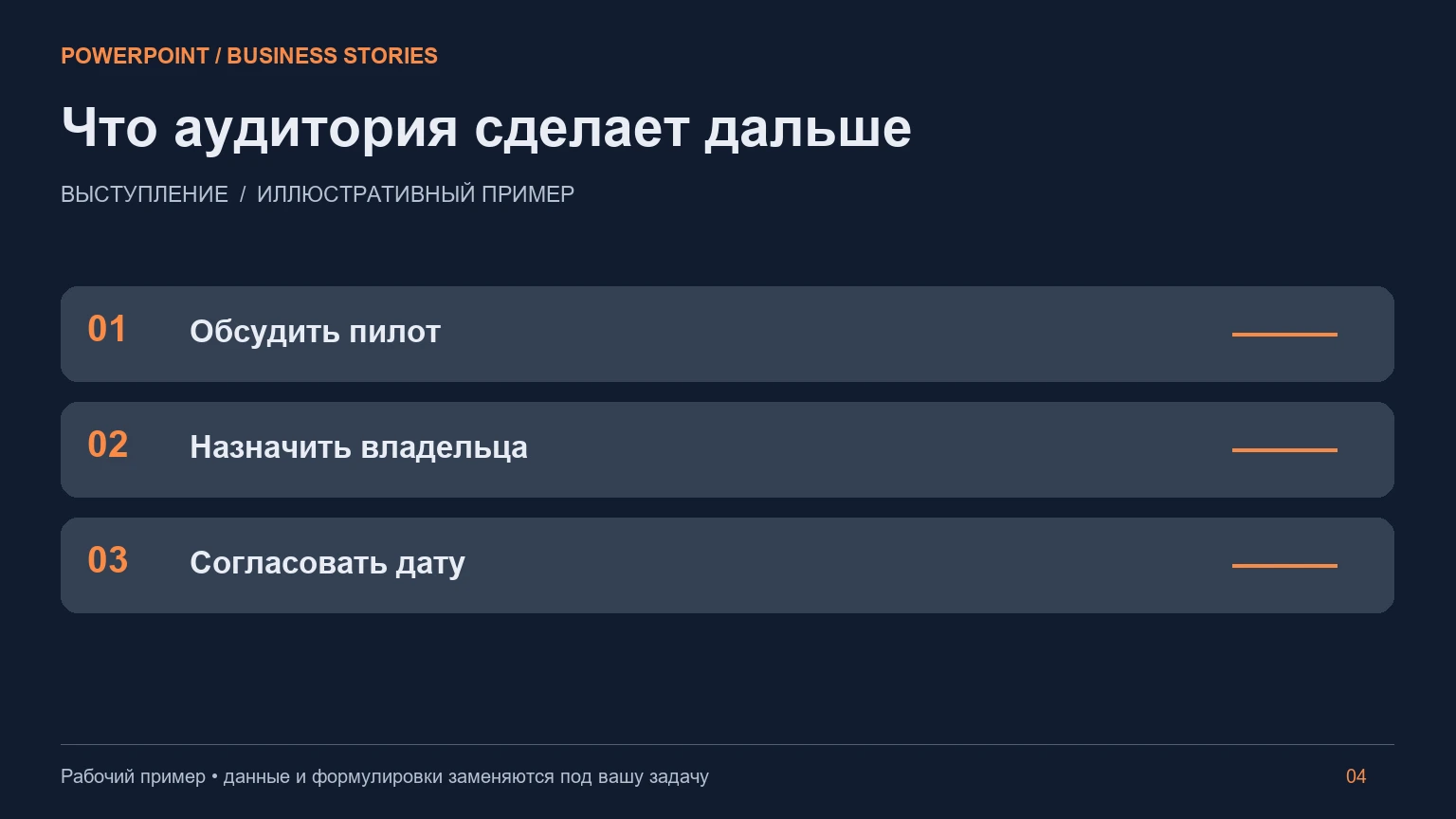 Пример слайда «Презентация для выступления»: Действие